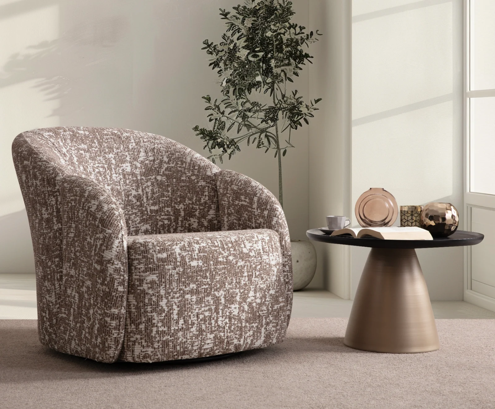Aura Armchair Premium Turkish Bergere 3 A modern tub-style accent armchair featuring a curved continuous barrel backrest, textured woven upholstery pattern, and a fully upholstered low-profile base set in a sunlit contemporary room layout.