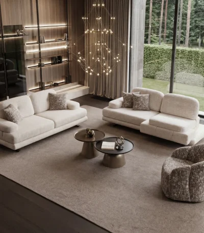 A modern textured fabric sofa featuring a functional multi-position backrest mechanism, linear tufted cushioning, and elegant slender support legs, set in a spacious modern living room layout.