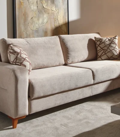 The Bria Sofa is a modern sleeper sofa featuring a built-in storage compartment under the seat and a mechanism that converts it into a bed.