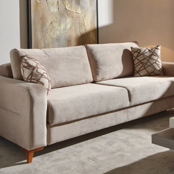 The Bria Sofa is a modern sleeper sofa featuring a built-in storage compartment under the seat and a mechanism that converts it into a bed.