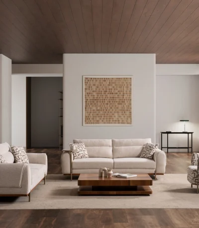 A modern textured fabric sofa featuring rounded armrests, adjustable horizontal back cushions, a dark wood plinth base, and a sleek integrated metallic side tray table in a minimalist living room setting.