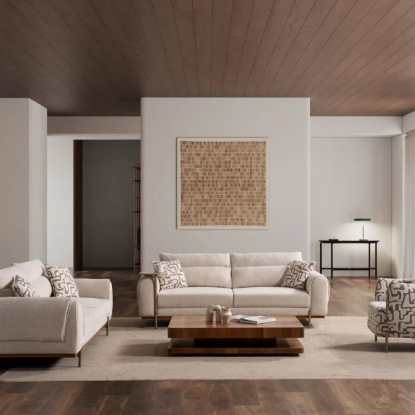 A modern textured fabric sofa featuring rounded armrests, adjustable horizontal back cushions, a dark wood plinth base, and a sleek integrated metallic side tray table in a minimalist living room setting.