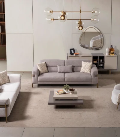 Lina Set Sofa Set featuring two modern sofas and a rounded accent armchair arranged in a living room.