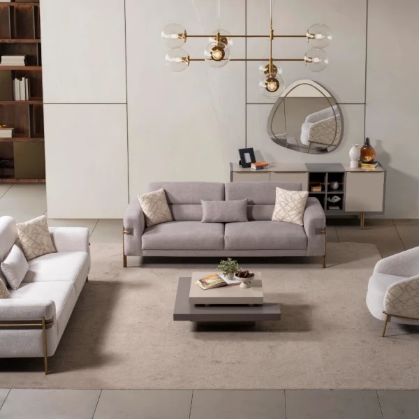 Lina Set Sofa Set featuring two modern sofas and a rounded accent armchair arranged in a living room.