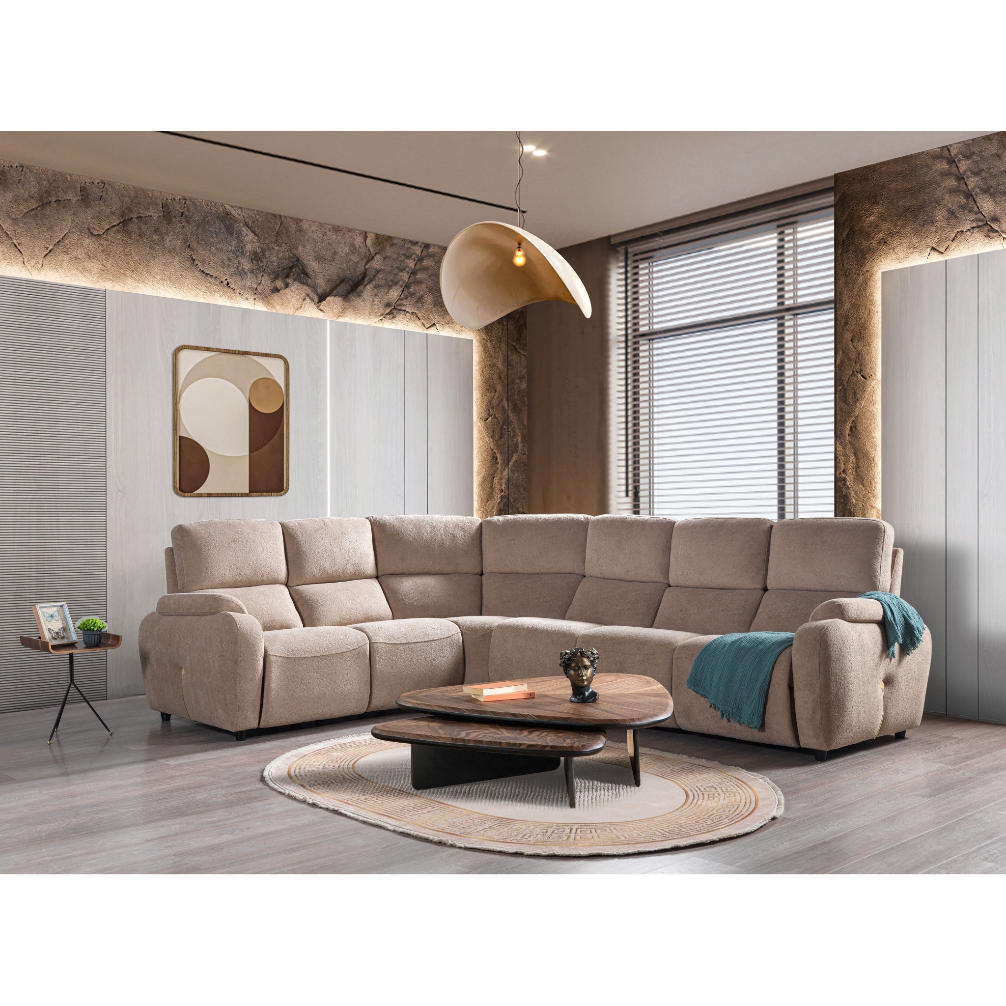 Ocean-power-recliner-modern-corner-sofa-01 A spacious L-shaped sectional sofa featuring high back support cushions, smooth recliner functions, soft rounded armrests, and premium neutral textured upholstery set in an architectural living room.