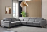 A modern L-shaped sectional sofa featuring integrated recliner functions, adjustable multi-position headrests, plush cushioned armrests, and subtle wooden support legs in a contemporary interior setting.