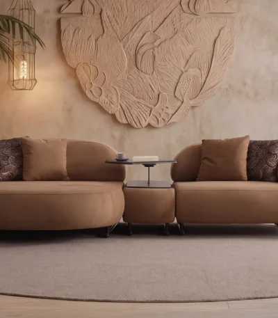 Tolia Chaise Corner Sofa – 3 Module (Wooden Middle Module) featuring soft beige seating units, a central wooden console table, and comfortable throw cushions in a warm interior design setup.
