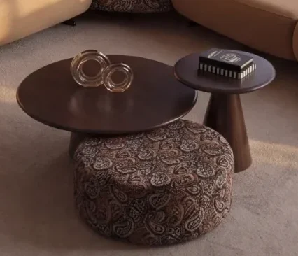 Tolia Corner Sofa sprawling curved modular sectional sofa featuring beige seating units, patterned corner module, and integrated wooden side tables in a luxury room setting.