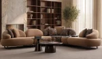 Tolia Corner Sofa - 4 Modules five-piece modular curved corner sofa featuring warm beige seating, patterned accent cushions, and an integrated wooden console table.