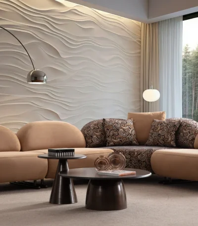 Tolia Corner Sofa - 4 Modules four-piece modular curved corner sofa in warm beige upholstery, featuring patterned accent pillows and a distinct corner module set against a modern wall.