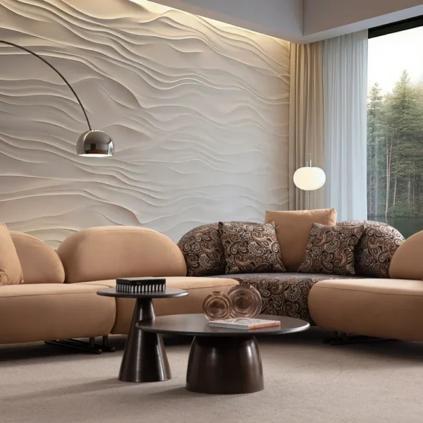 Tolia Corner Sofa - 4 Modules four-piece modular curved corner sofa in warm beige upholstery, featuring patterned accent pillows and a distinct corner module set against a modern wall.