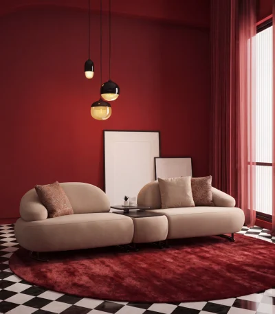 Tolia Sofa (With Mid. Wooden Module) modular beige sofa featuring organic curved seats and an integrated central wooden console table.