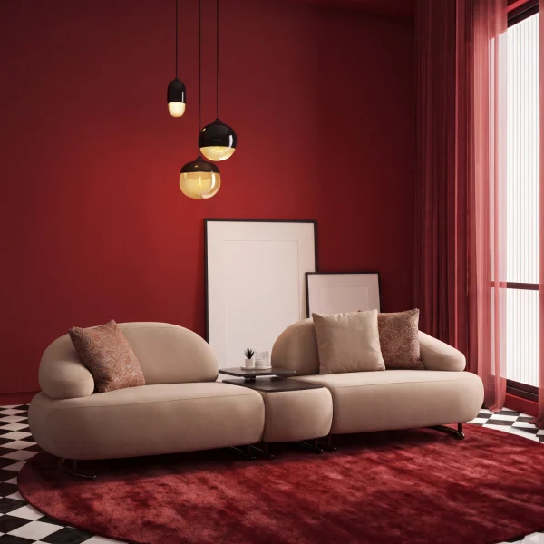 Tolia Sofa (With Mid. Wooden Module) modular beige sofa featuring organic curved seats and an integrated central wooden console table.