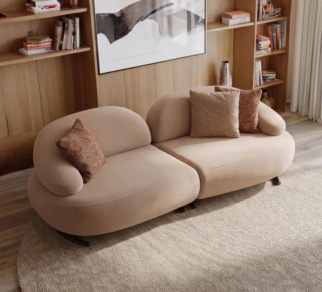 Tolia sofa luxury organic design sofa Sofaturkey living room furniture sofa 8 Tolia Sofa modern light beige two-module sofa featuring soft organic contours and plush seating arranged on a round rug.