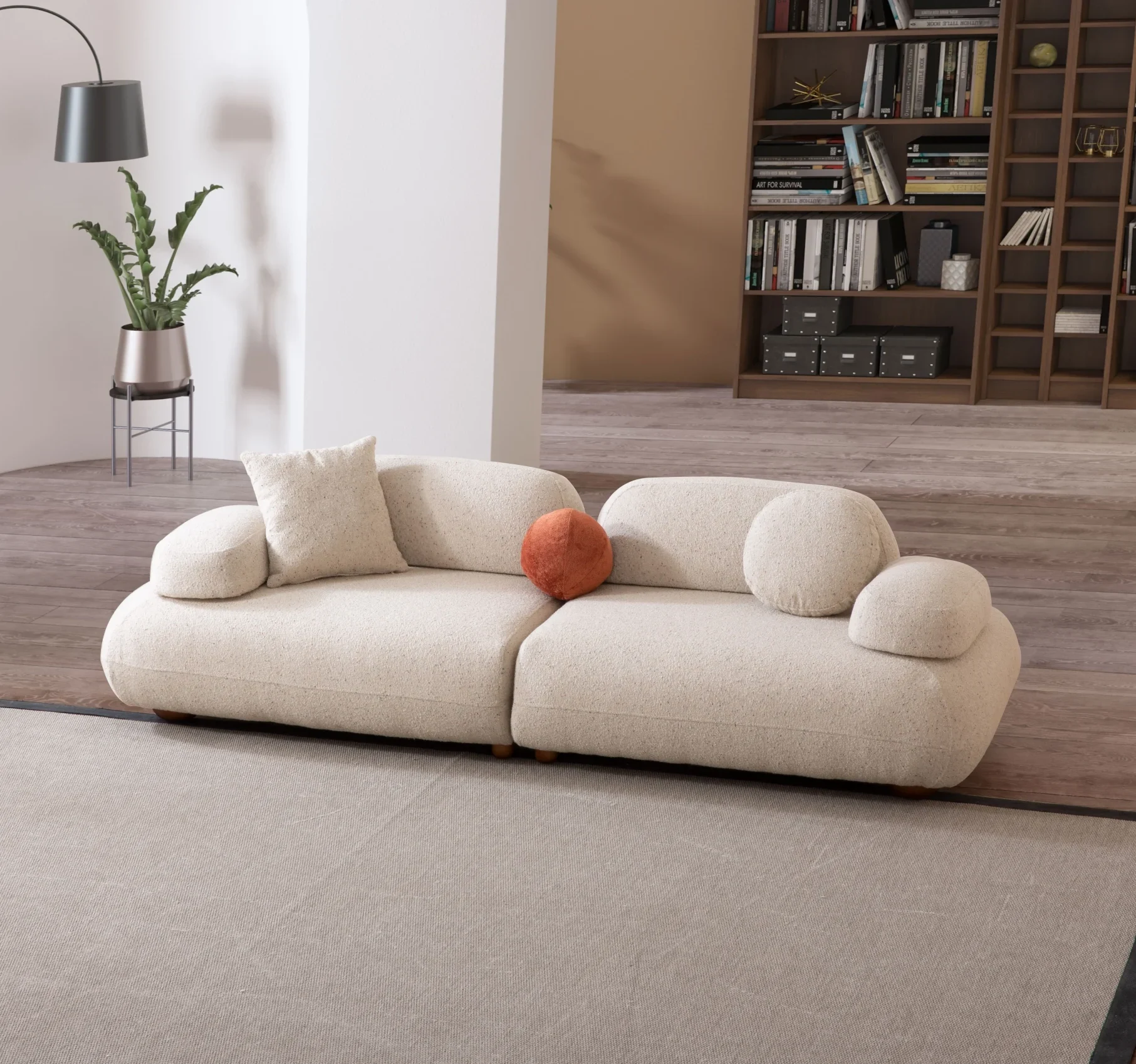 Alba Sofa Set - Living Room Sets - Modern Contemporary Turkish Furniture - Istanbul Bursa Furniture - SofaTurkey 8 Alba Sofa Set featuring a large cream bouclé sectional, a matching loveseat, and a geometric patterned accent chair. The set is arranged in a spacious, modern room with high ceilings, an arched alcove, and a large library bookshelf.