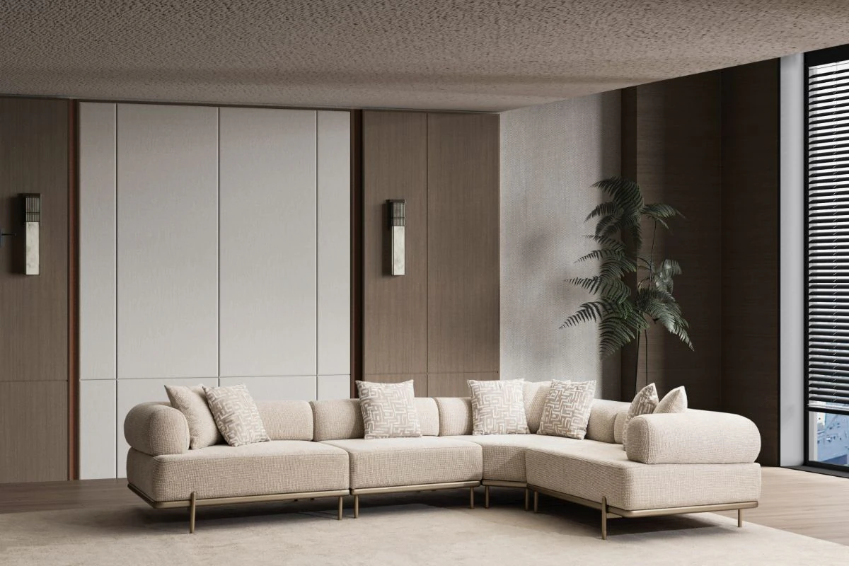 Alexia Corner Sofa SofaTurkey corner sofa set Europe factory direct furniture Turkish sofa cream corner couch high quality modular seating 12 A masterpiece of modern furniture design showcasing elegant curves and perfectly suited for high-end European living spaces.