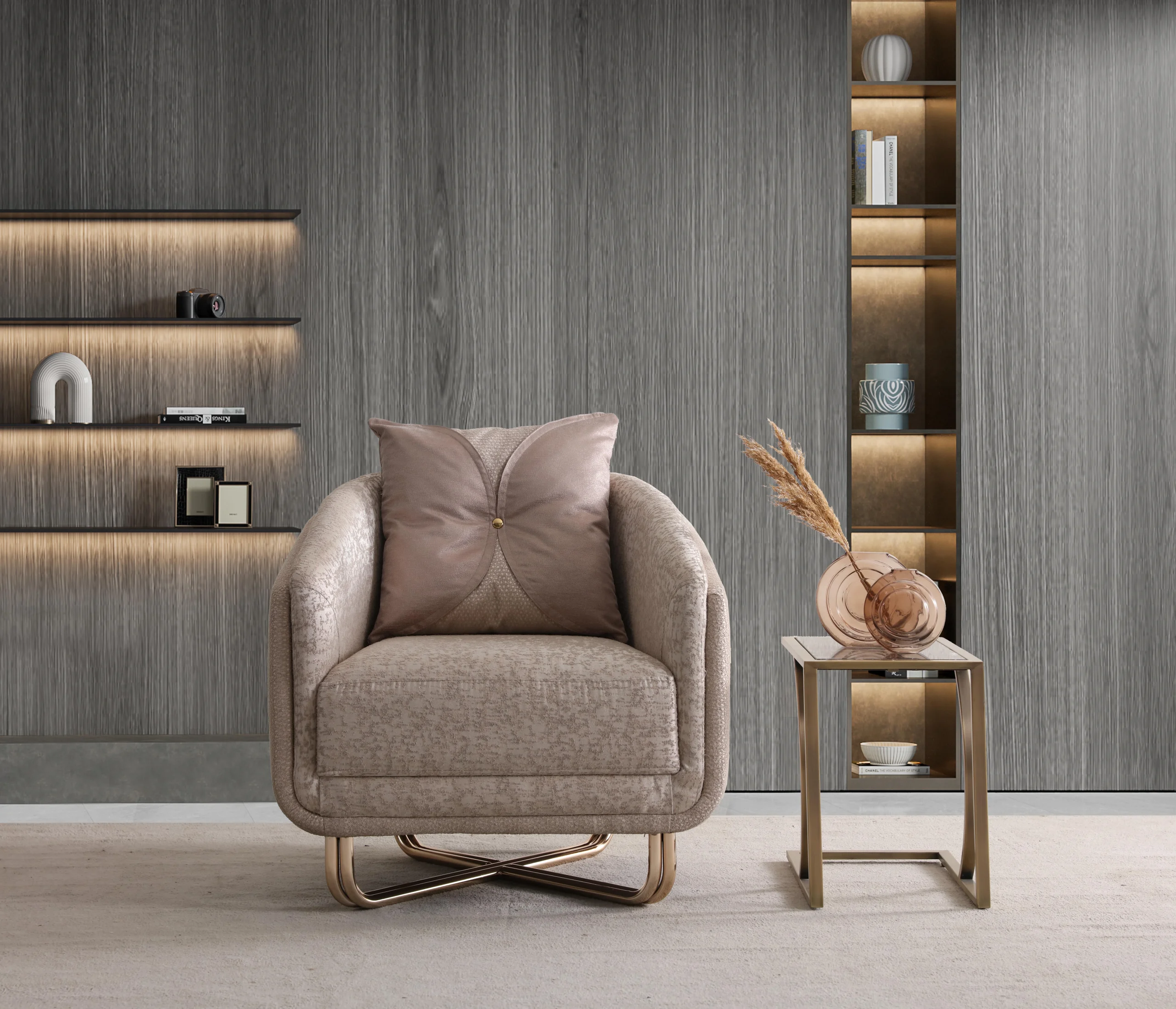 Aluna-Armchair-Premium-Armchair-with-Golden-details-High-Turkish-Quality-Armchair The sophisticated Aluna Armchair arranged in a bright, modern living room with marble wall accents and golden details, embodying an atmosphere of pure prestige.
