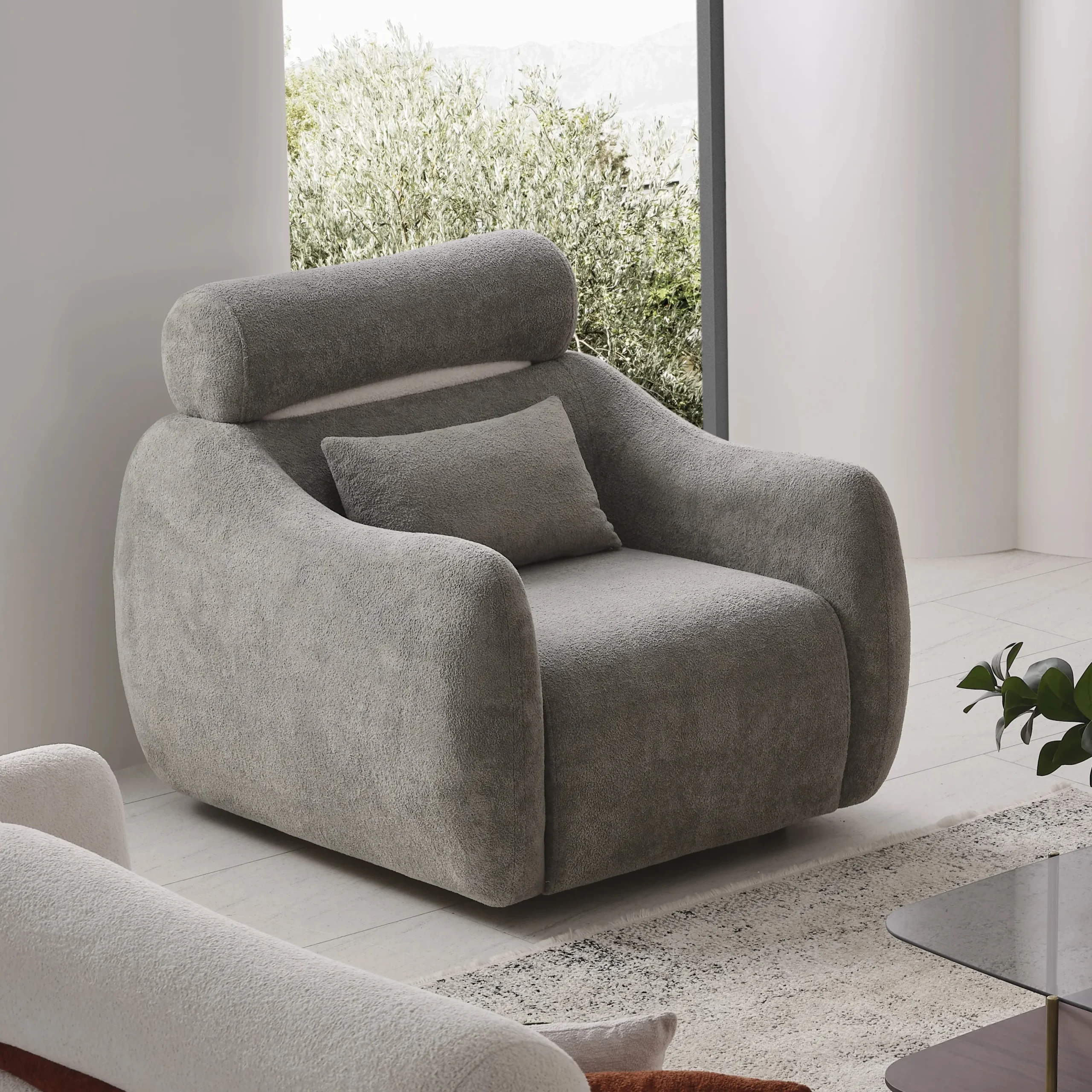 Amora Sofa Set - Comfortable Sofa Set - Functional Handmade Sofa Set 4 The vibrant Amora Armchair featuring textured white, orange, and grey seating in a bright, modern minimalist room, designed to create an energetic and artistic atmosphere.