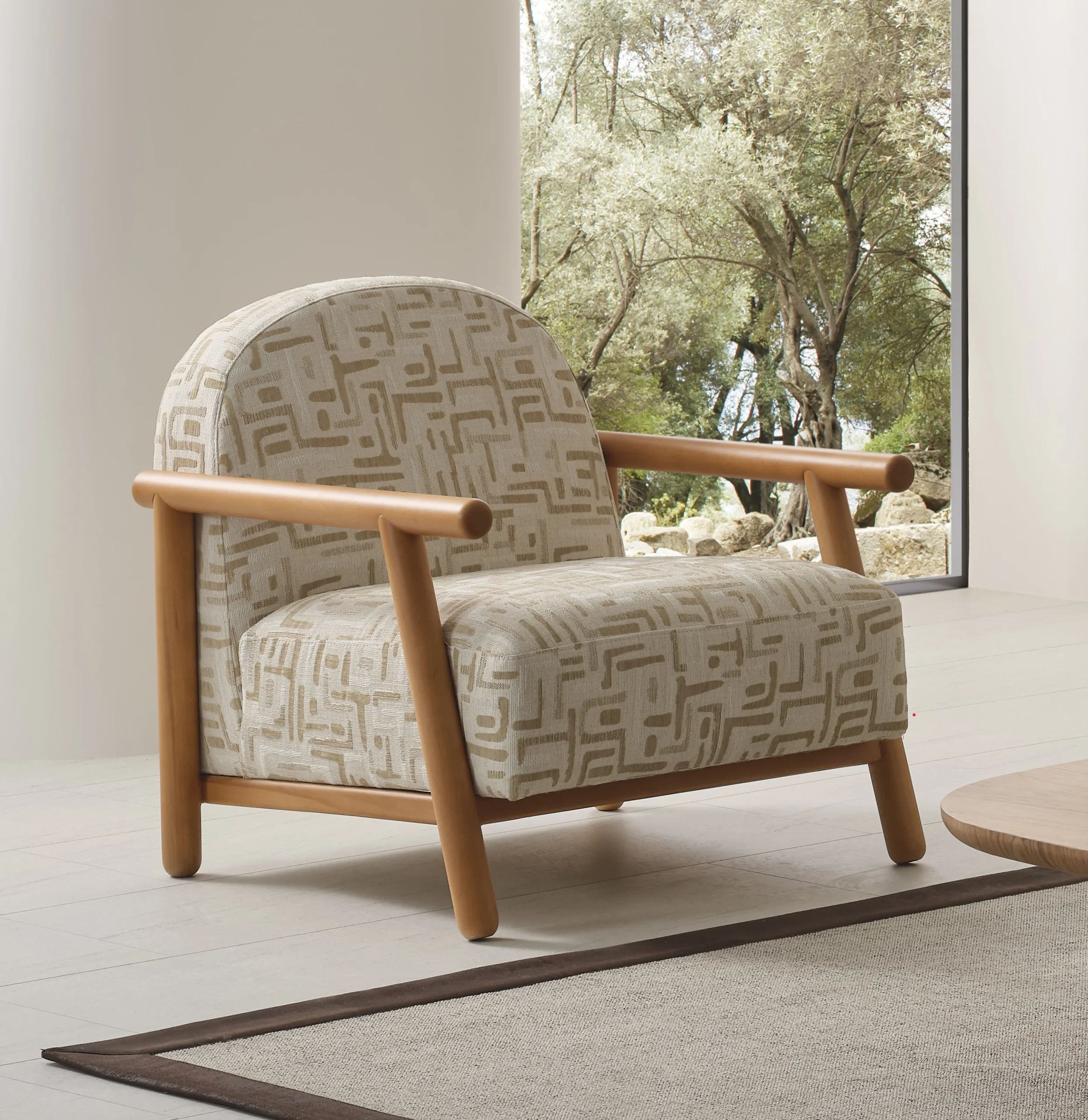 Areon Armchair - Armchair from Turkey - Wooden legs - Living room set 8 - Copy The organic Areon Armchair featuring textured fabric and wooden legs, placed in a bright, minimalist living room that evokes a sense of natural harmony and peace.
