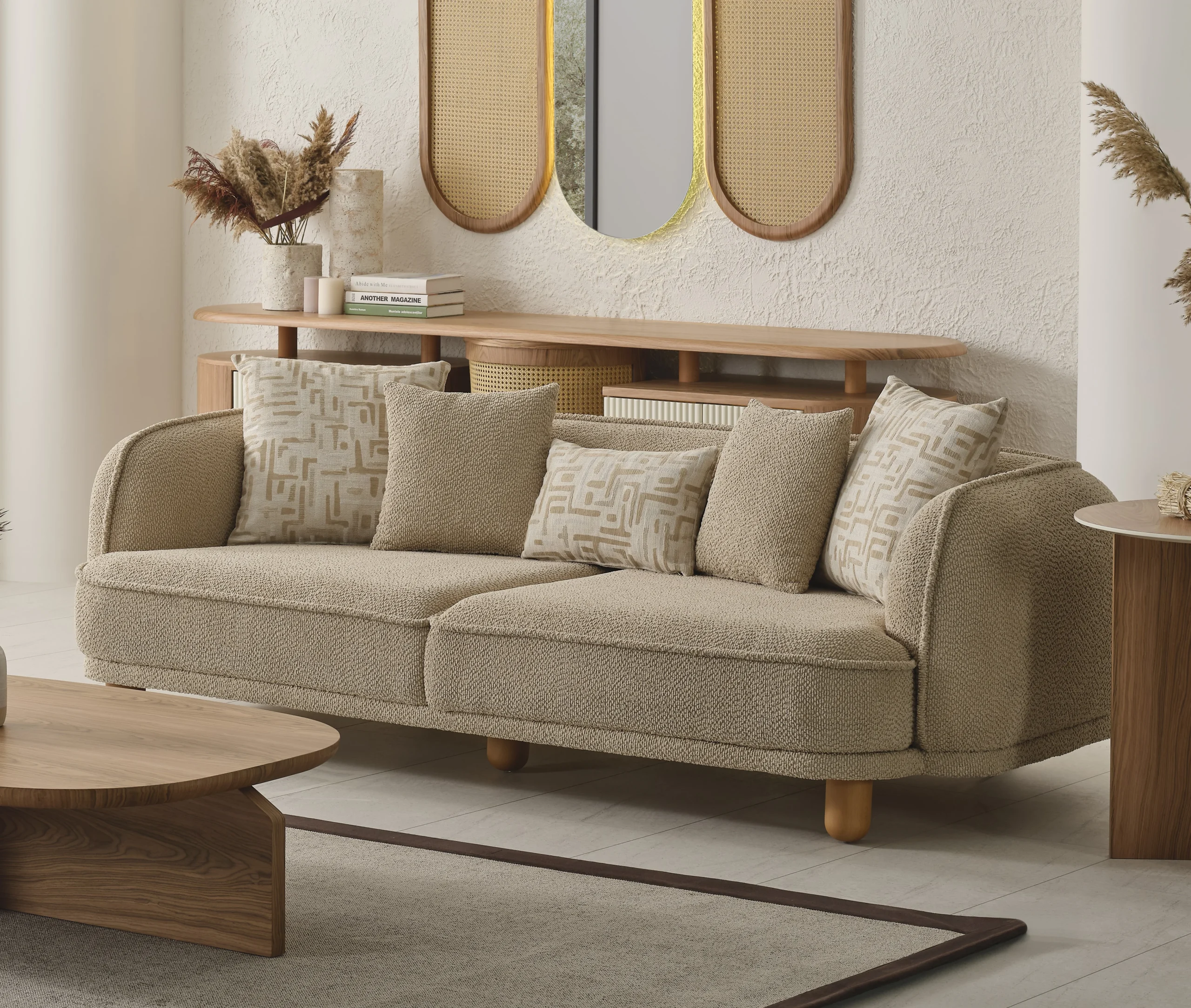 Areon Sofa Set 1 - Sofa set from Turkey - Wooden legs - Living room set7 The organic Areon Sofa featuring textured fabric and wooden legs, placed in a bright, minimalist living room that evokes a sense of natural harmony and peace.