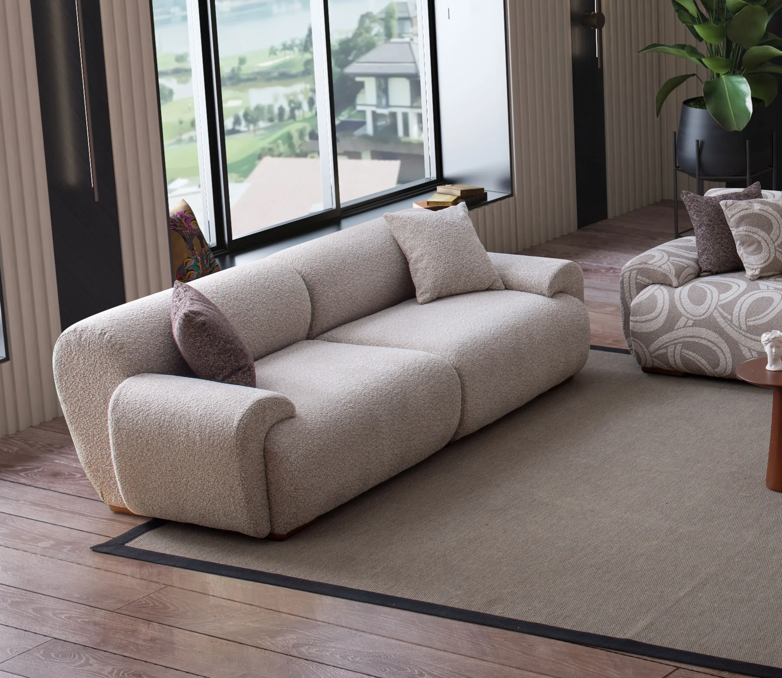 Elegante Sofa - Living Room Sofas - Turkish Premium Modern Sofas - SofaTurkey 3 The Elegante Sofa set featuring a plush grey bouclé sofa with rounded arms, a matching L-shaped sectional with patterned accent sections, and a dark brown textured armchair in a luxury room.