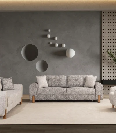 The Elina Sofa Set redefines contemporary lifestyle with its unique textured upholstery and minimalist silhouette. It's designed for those who value both aesthetic elegance and everyday durability.
