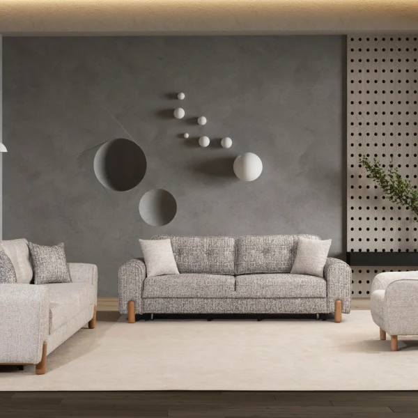 The Elina Sofa Set redefines contemporary lifestyle with its unique textured upholstery and minimalist silhouette. It's designed for those who value both aesthetic elegance and everyday durability.