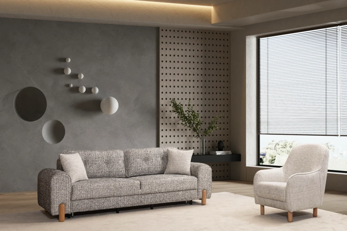 The Elina Sofa Set redefines contemporary lifestyle with its unique textured upholstery and minimalist silhouette. It's designed for those who value both aesthetic elegance and everyday durability.
