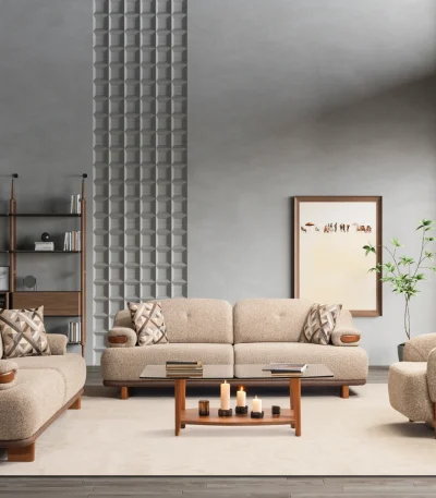 A masterpiece of organic textures and design. The Estelle sofa set stands out with its premium fabric upholstery for a comfortable and luxurious living space.