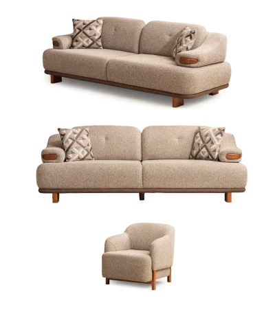 A masterpiece of organic textures and design. The Estelle sofa set stands out with its premium fabric upholstery for a comfortable and luxurious living space.