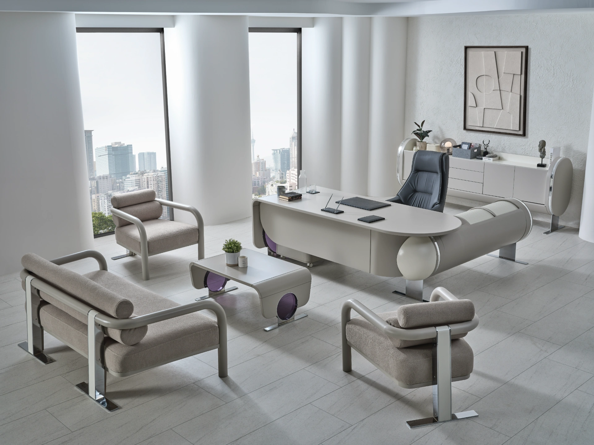 Freya Office Set SofaTurkey executive set luxury desk office design premium workspace designer furniture 4 The Freya Office Set combines organic curves with professional elegance. It's a complete, futuristic solution for modern executives who value both avant-garde style and ergonomic comfort.