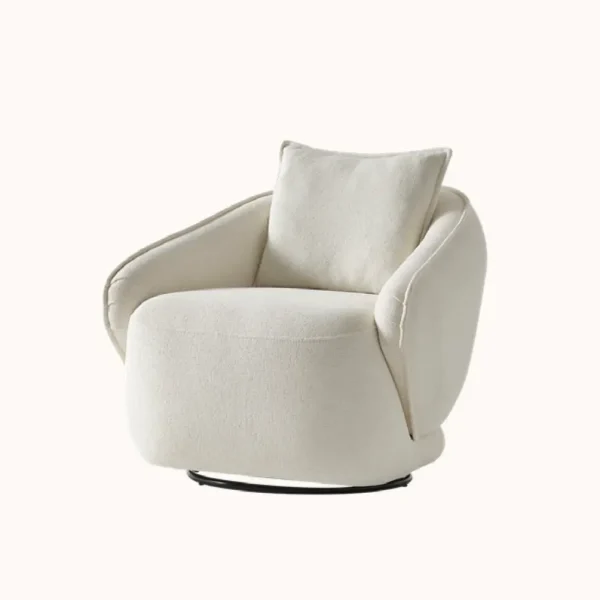 A modern living room featuring the Grace Sofa. The arrangement displays a plush taupe sofa and a matching cream sofa, both designed with distinctive integrated wooden side tables on the armrests and angled wooden legs. A white swivel armchair and a round wooden coffee table complete the cozy, contemporary look of this furniture from Turkey.