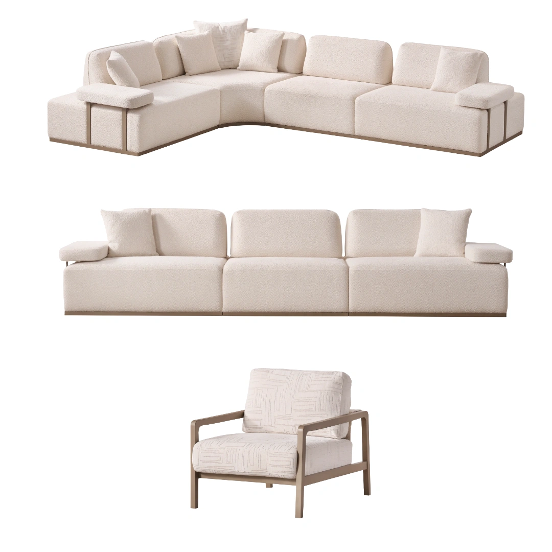 Inara Corner Sofa Set SofaTurkey Modern Contemporary Luxury Turkish furniture modern Premiumm 1 The Inara Corner Sofa Set adds a sophisticated touch to your living space with its timeless fabric and minimalist design. Its modular structure allows it to perfectly fit into any room.