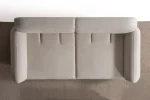 Modern rounded sofa with white boucle fabric and wooden base, luxury turkish furniture.