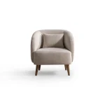 Laos Armchair - Minimalist rounded boucle accent chair with tapered wooden legs.