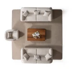 Laos Sofa Set by SofaTurkey featuring a modern rounded design in premium white boucle fabric, including two sofas and an armchair in a minimalist living room setting.