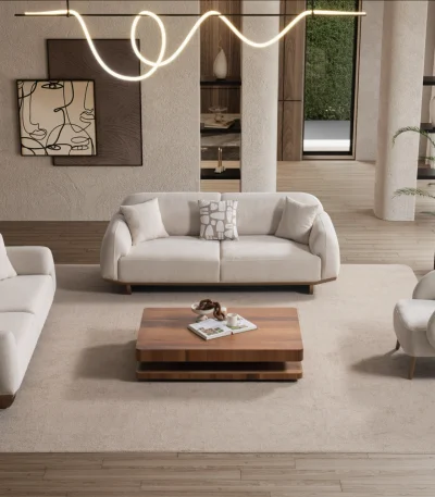 Laos Sofa Set by SofaTurkey featuring a modern rounded design in premium white boucle fabric, including two sofas and an armchair in a minimalist living room setting.