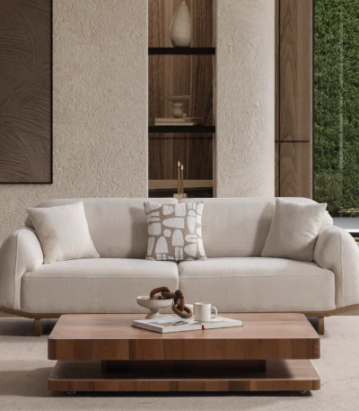 Laos Sofa Set by SofaTurkey featuring a modern rounded design in premium white boucle fabric, including two sofas and an armchair in a minimalist living room setting.