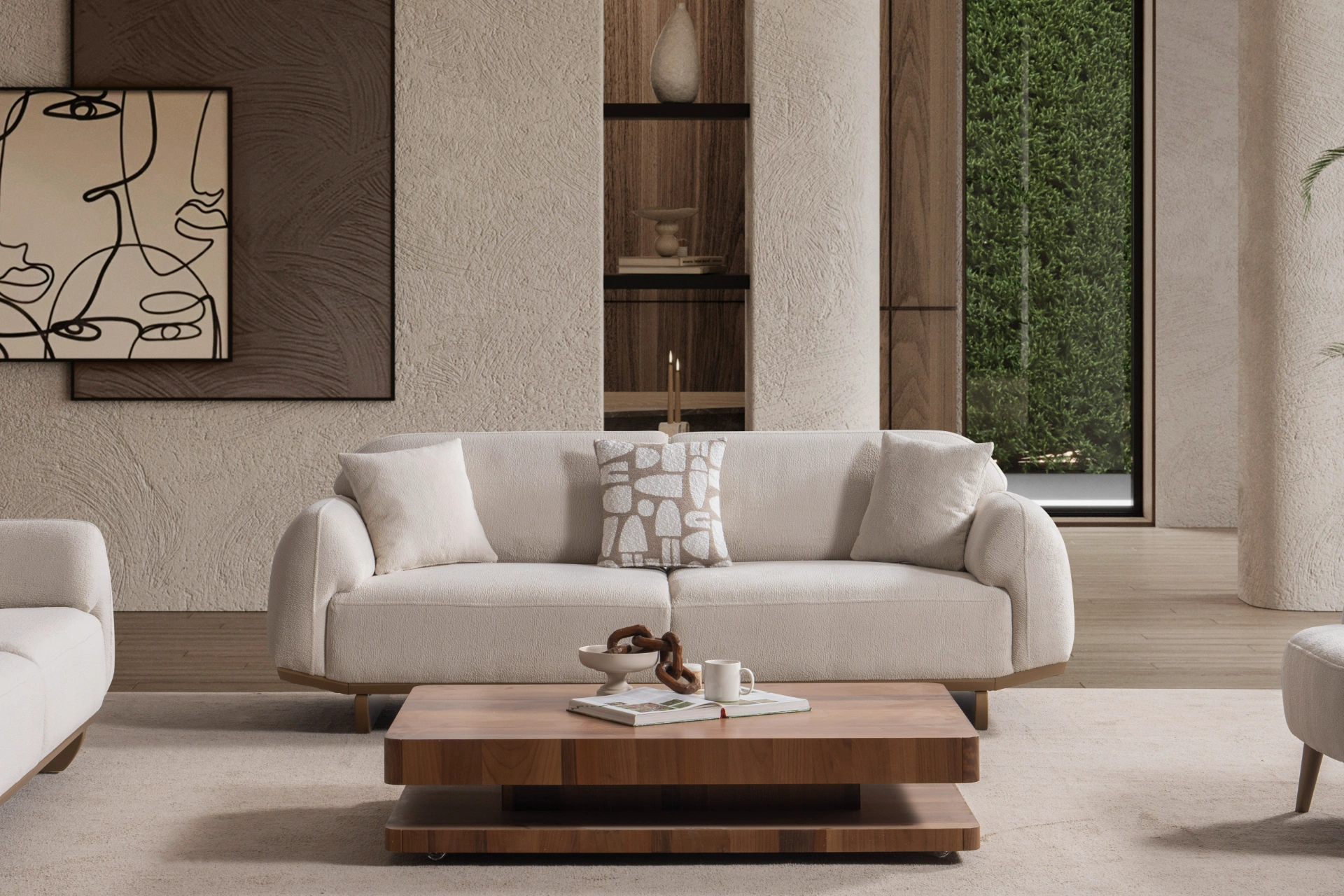 Laos Sofa Set SofaTurkey luxury turkish sofa boucle furniture rounded sofa design modern living room minimalist couch premium upholstery cloud sofa style 5 Laos Sofa Set by SofaTurkey featuring a modern rounded design in premium white boucle fabric, including two sofas and an armchair in a minimalist living room setting.