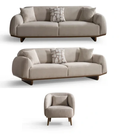 Modern rounded sofa with white boucle fabric and wooden base, luxury turkish furniture.