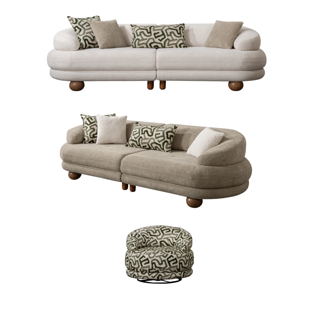 Lara Sofa Set SofaTurkey Luxury Premium Modern Comfort f 1 The Lara Sofa Set is more than just a piece of furniture; it's a design statement. Inspired by the fluid shapes of nature, this set eliminates sharp edges, opting instead for organic curves. Upholstered in high-density fabric, this set offers a luxurious experience that appeals to both the touch and the eye.