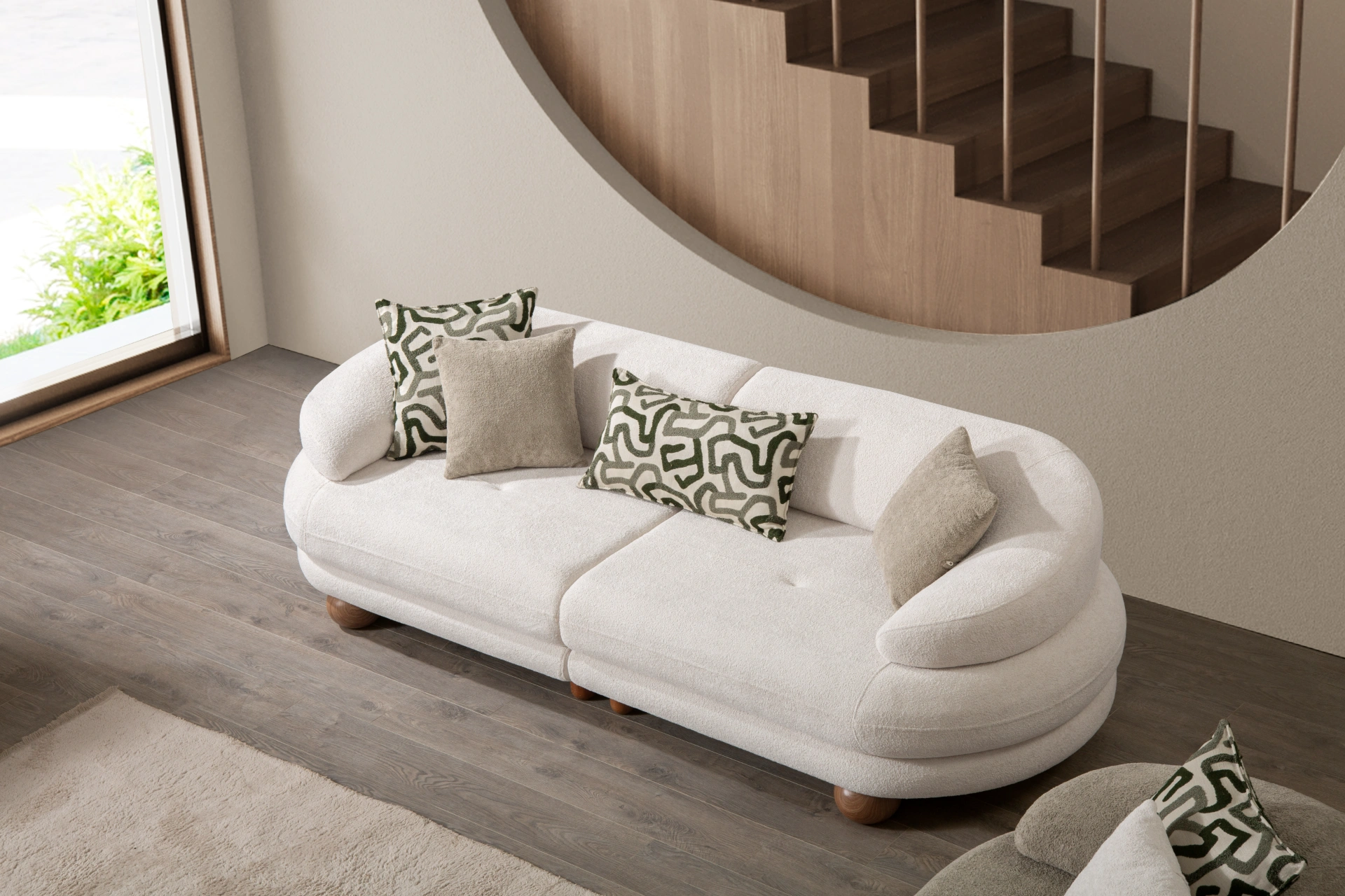 Lara Sofa SofaTurkey Luxury Premium Modern Comfort 6 Premium sand grey curved sofa with sculptural round wooden legs and decorative cushions