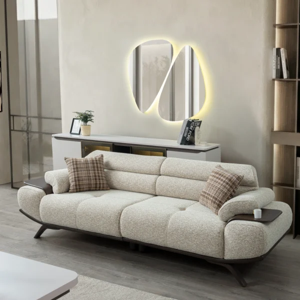 The Maya Sofa combines organic curves with functional luxury. With its fashionable texture and integrated side trays, it's the ultimate statement piece for modern European homes.