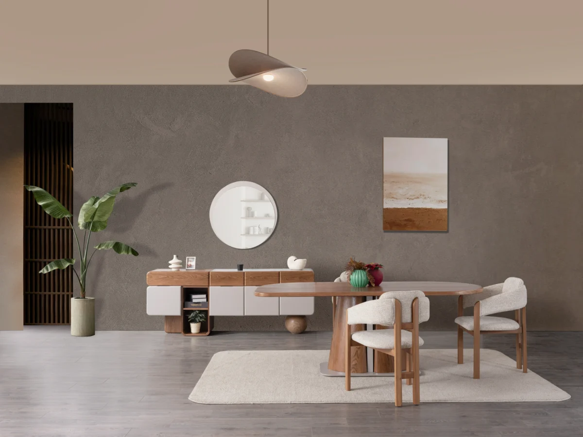 The Milan Dining Table Set is a masterpiece of contemporary craftsmanship. Designed to be the heart of your home, this set includes a stunning dining table with a bold, sculptural pedestal. Its rounded edges create an atmosphere perfect for long meals and meaningful conversations.