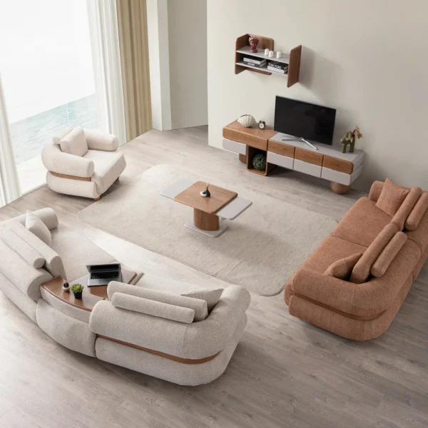 The Milan Sofa Set combines organic curves with elegant fabric textures. This modular masterpiece offers flexible seating arrangements.