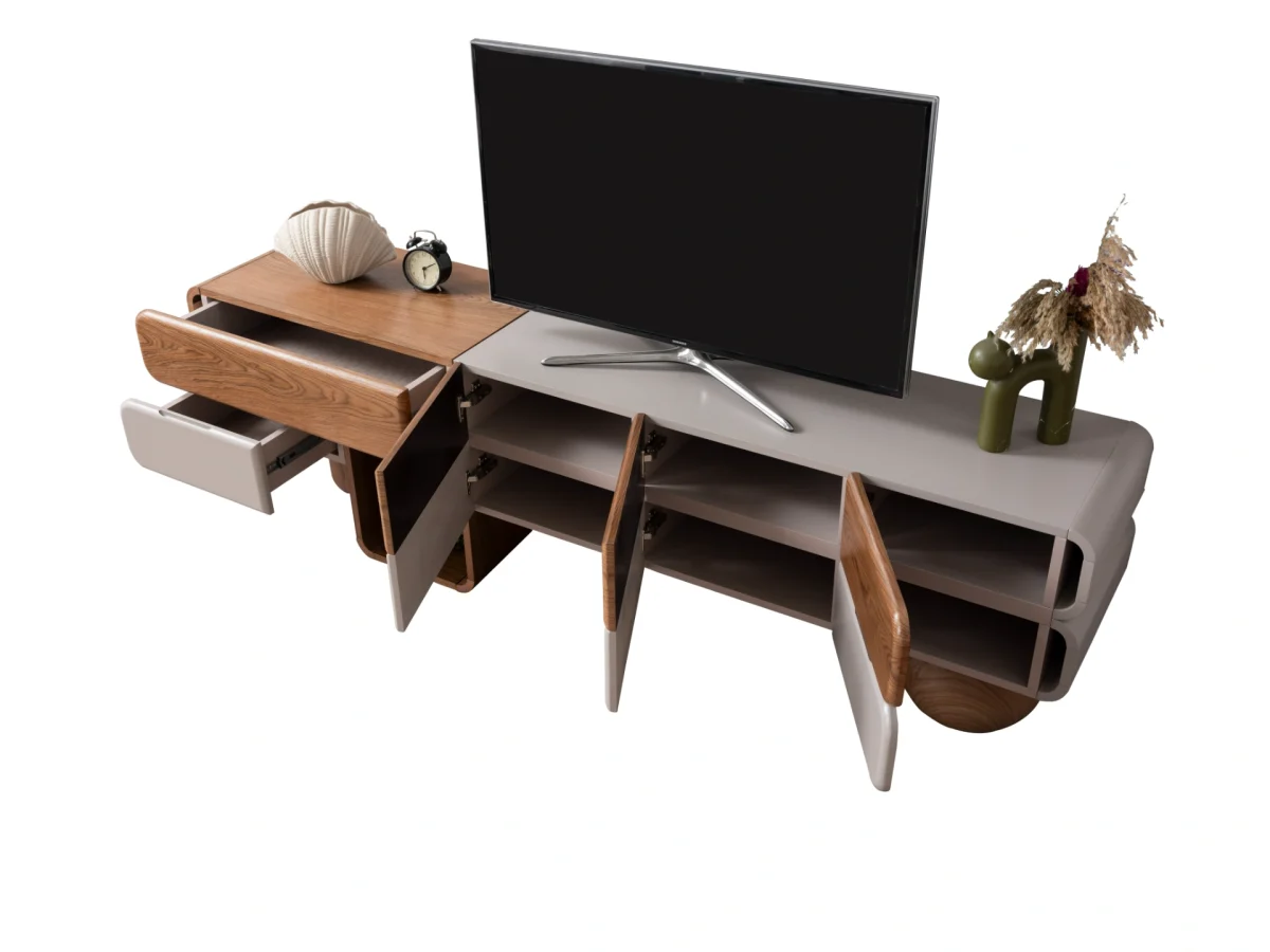 The Milan Modern TV Console Unit is designed for those who appreciate the beauty of contemporary minimalism. Reflecting the organic curves and refined materials found in the Milan collection, this piece serves as the perfect focal point for your living room.