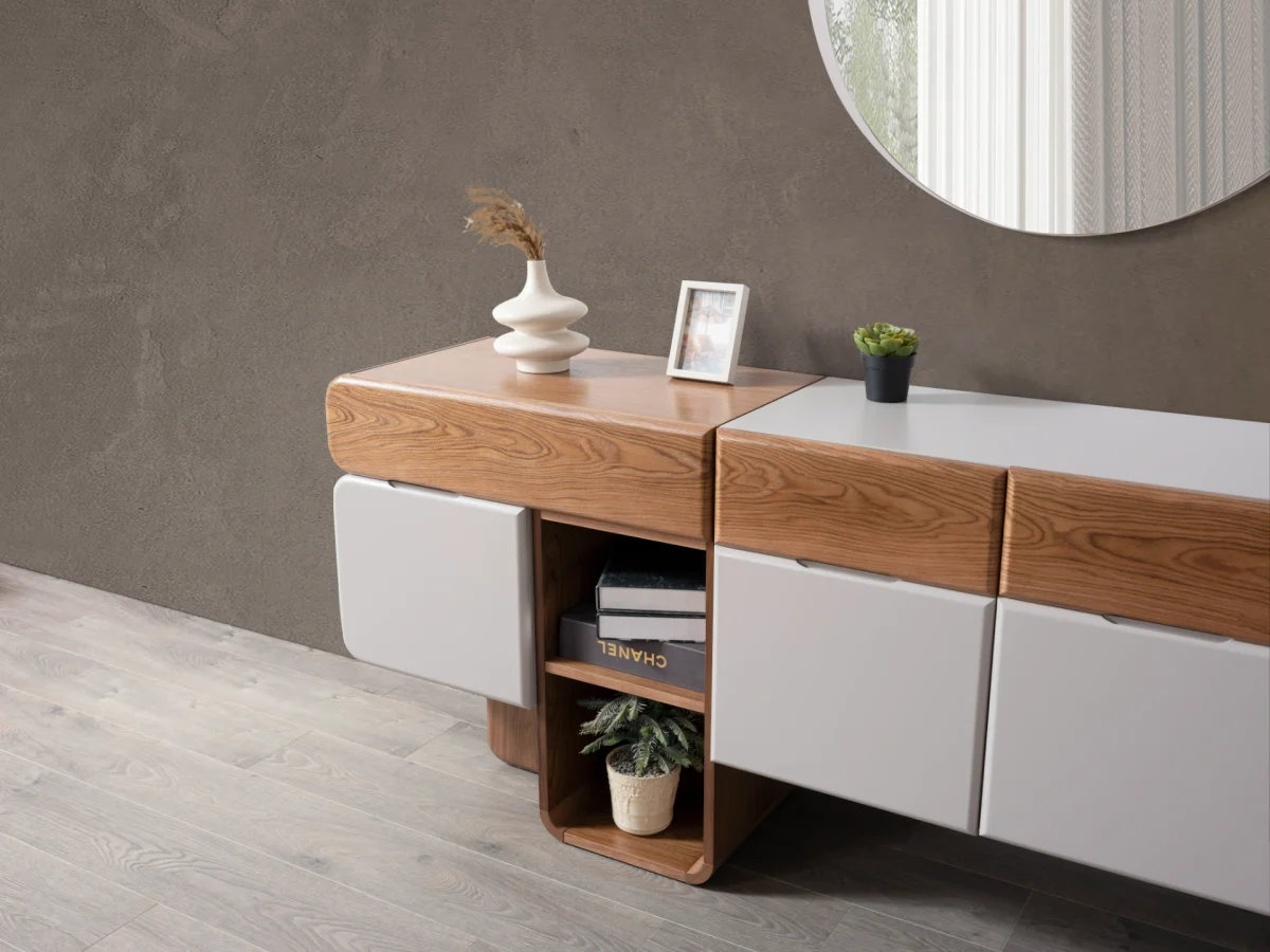 The Milan Modern TV Console Unit is designed for those who appreciate the beauty of contemporary minimalism. Reflecting the organic curves and refined materials found in the Milan collection, this piece serves as the perfect focal point for your living room.