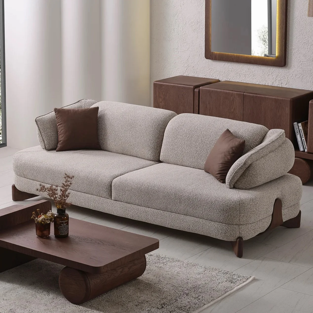 Mirae Sofa - Premium Sofa - High-Quality Sofa Made In Turkey The distinguished Mirae Sofa in a bright, modern interior with curved architectural details and warm wooden accents, embodying a sense of balance and harmony.