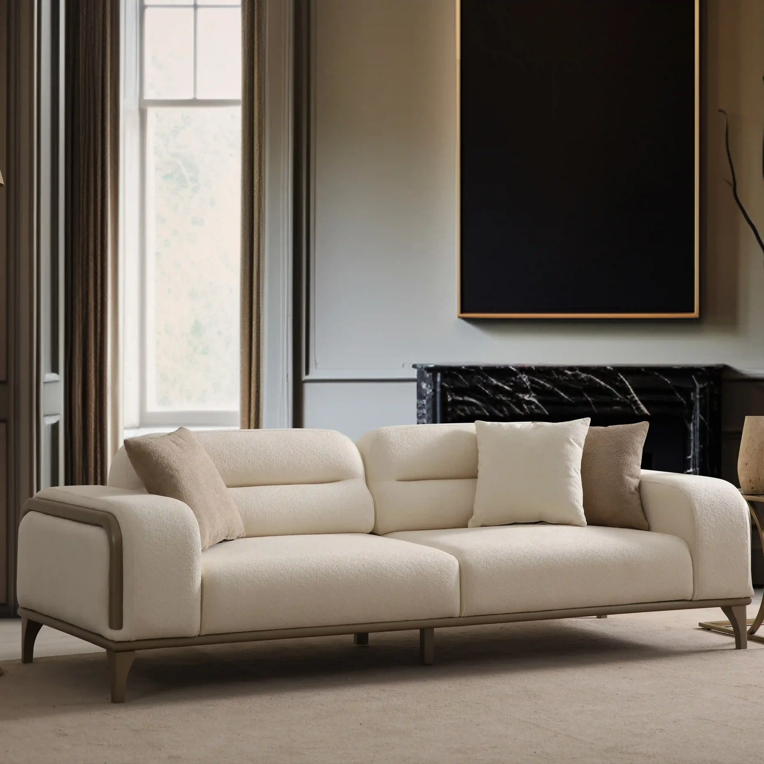 Nadora Sofa - Elegant Sofa with Wooden Details - Turkish Quality Luxury Sofa 6 A prestigious Nadora Sofa arranged in a grand, high-ceiling living room, reflecting a luxurious and sophisticated lifestyle.