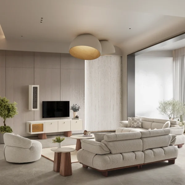 Experience comfort with the Nola Sofa Set. Its elegant fabric and curved silhouette offer a perfect blend of modern aesthetics and comfortable living.